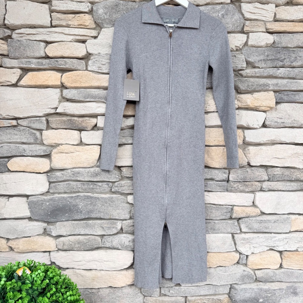 NWT Lark + Grey Grey Ribbed Long Zip-Up Maxi Sweater Dress - L